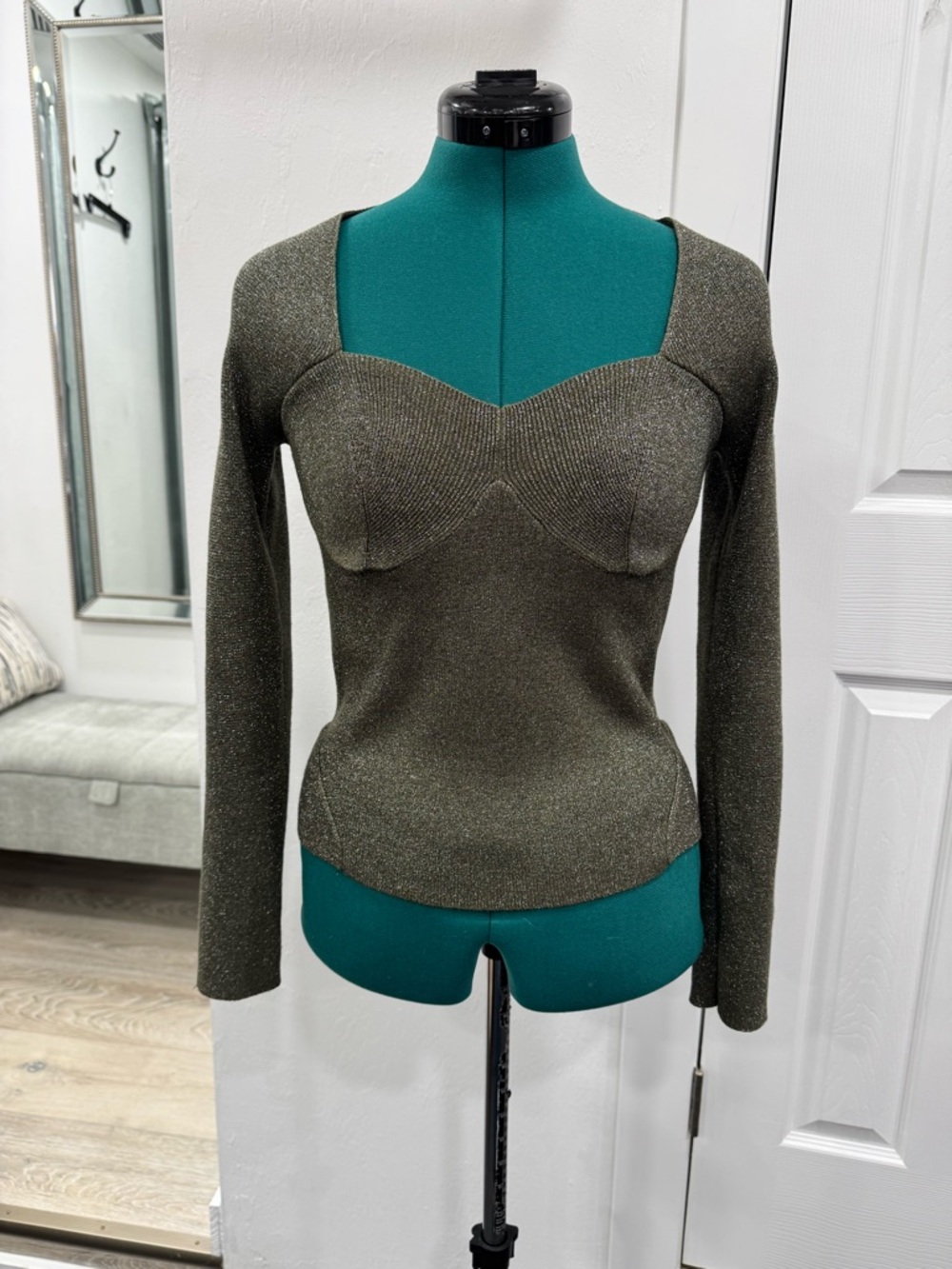 Metallic Olive Knit Sweetheart Long-Sleeve Top
